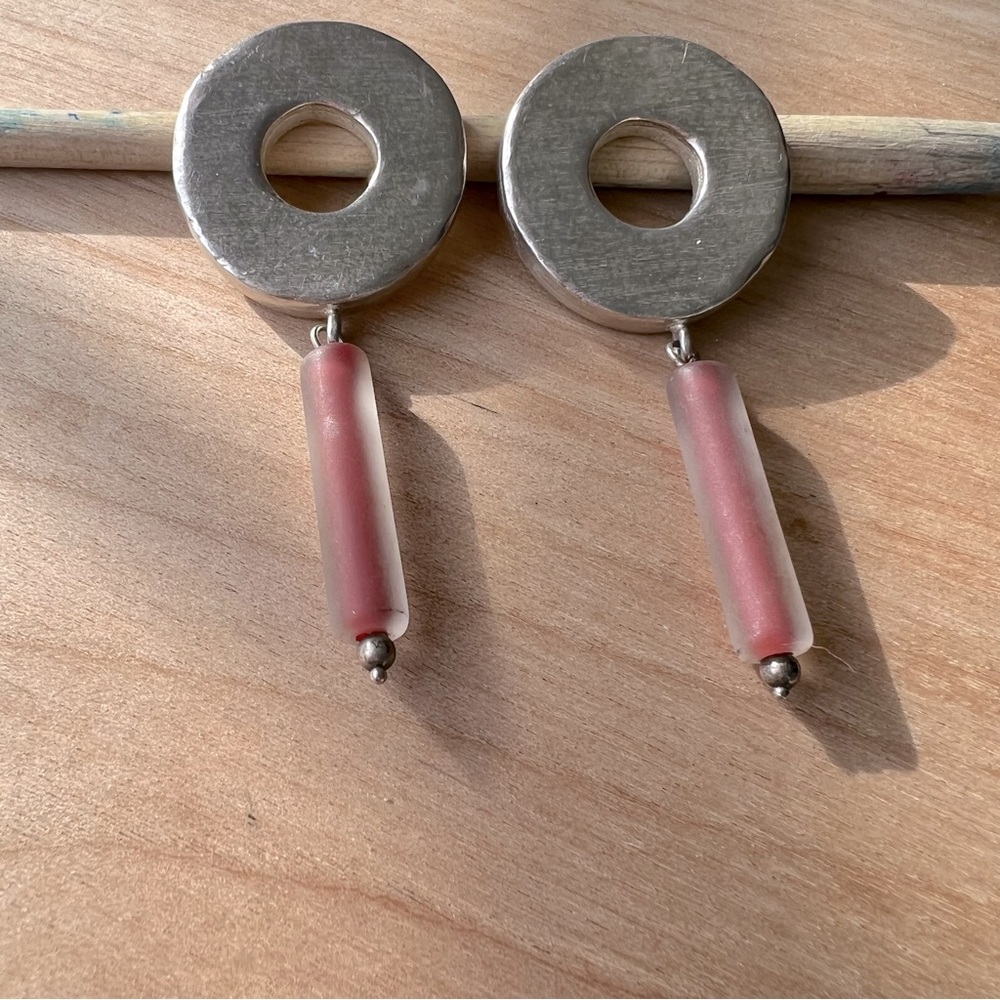Retro mid century modern style silver earrings with frosted glass bead